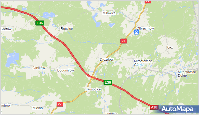 mapa Drozdów gmina Żary, Drozdów gmina Żary na mapie Targeo