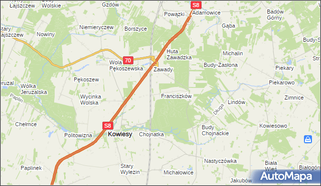 mapa Franciszków gmina Kowiesy, Franciszków gmina Kowiesy na mapie Targeo
