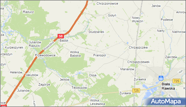 mapa Franopol gmina Biała Rawska, Franopol gmina Biała Rawska na mapie Targeo