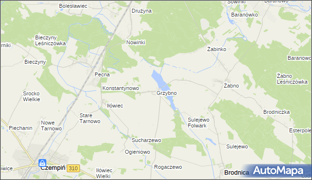 mapa Grzybno gmina Brodnica, Grzybno gmina Brodnica na mapie Targeo