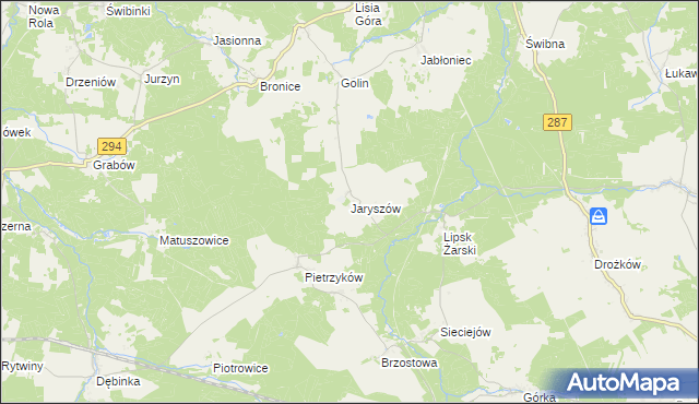 mapa Jaryszów gmina Jasień, Jaryszów gmina Jasień na mapie Targeo