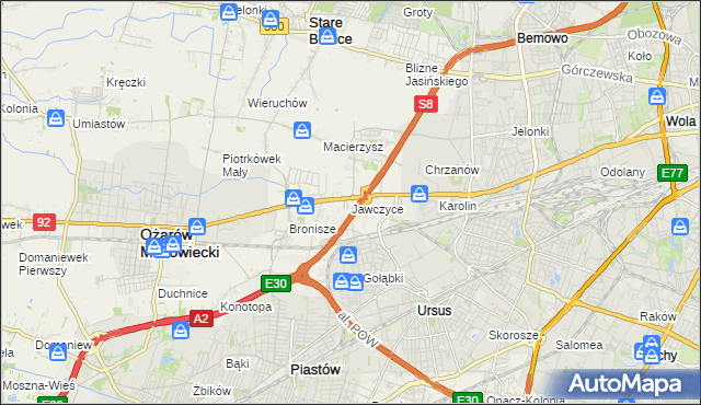 mapa Jawczyce gmina Ożarów Mazowiecki, Jawczyce gmina Ożarów Mazowiecki na mapie Targeo