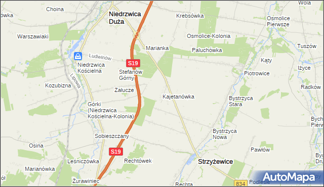 mapa Kajetanówka gmina Strzyżewice, Kajetanówka gmina Strzyżewice na mapie Targeo