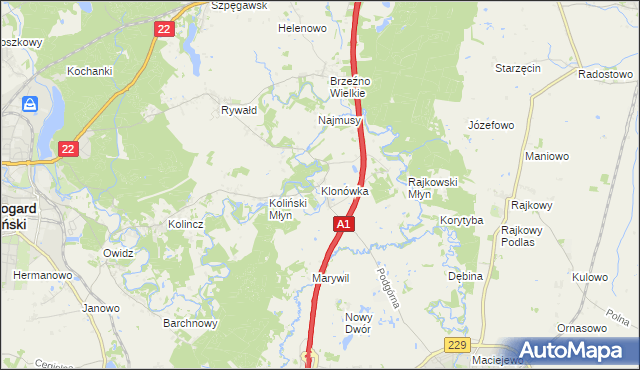 mapa Klonówka gmina Starogard Gdański, Klonówka gmina Starogard Gdański na mapie Targeo