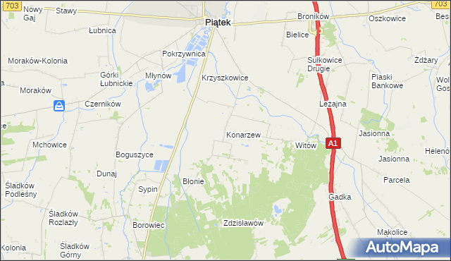 mapa Konarzew gmina Piątek, Konarzew gmina Piątek na mapie Targeo
