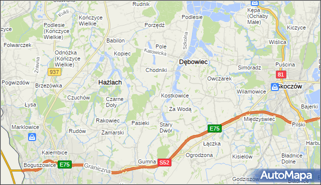mapa Kostkowice gmina Dębowiec, Kostkowice gmina Dębowiec na mapie Targeo