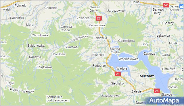 mapa Koziniec gmina Mucharz, Koziniec gmina Mucharz na mapie Targeo