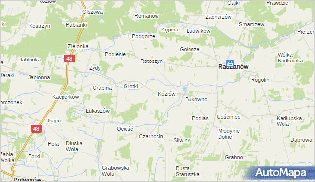 mapa Kozłów gmina Radzanów, Kozłów gmina Radzanów na mapie Targeo