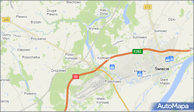 mapa Kozłowo gmina Świecie, Kozłowo gmina Świecie na mapie Targeo