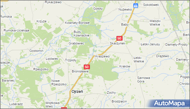 mapa Kraszewo gmina Ojrzeń, Kraszewo gmina Ojrzeń na mapie Targeo