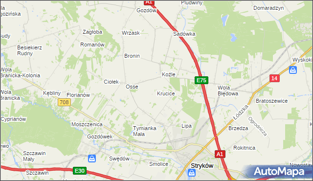 mapa Krucice gmina Stryków, Krucice gmina Stryków na mapie Targeo