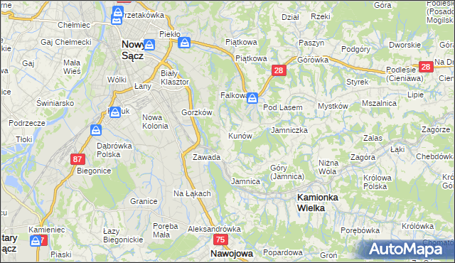 mapa Kunów gmina Chełmiec, Kunów gmina Chełmiec na mapie Targeo