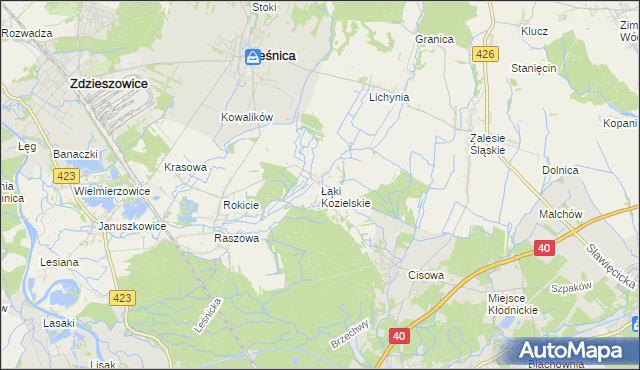 mapa Łąki Kozielskie, Łąki Kozielskie na mapie Targeo