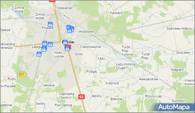 mapa Łazy gmina Łuków, Łazy gmina Łuków na mapie Targeo