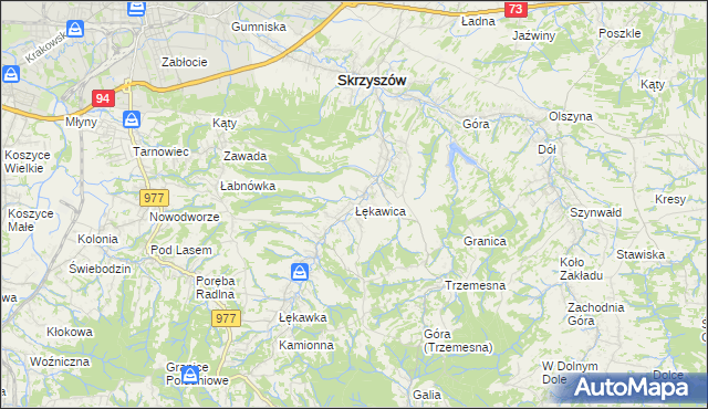 mapa Łękawica gmina Skrzyszów, Łękawica gmina Skrzyszów na mapie Targeo