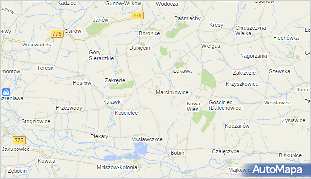 mapa Marcinkowice gmina Kazimierza Wielka, Marcinkowice gmina Kazimierza Wielka na mapie Targeo