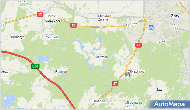 mapa Miłowice gmina Żary, Miłowice gmina Żary na mapie Targeo