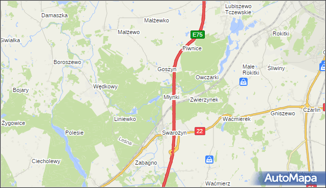 mapa Młynki gmina Tczew, Młynki gmina Tczew na mapie Targeo