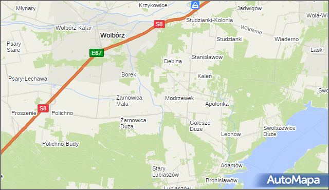 mapa Modrzewek gmina Wolbórz, Modrzewek gmina Wolbórz na mapie Targeo