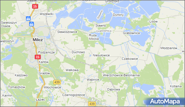 mapa Niesułowice gmina Milicz, Niesułowice gmina Milicz na mapie Targeo