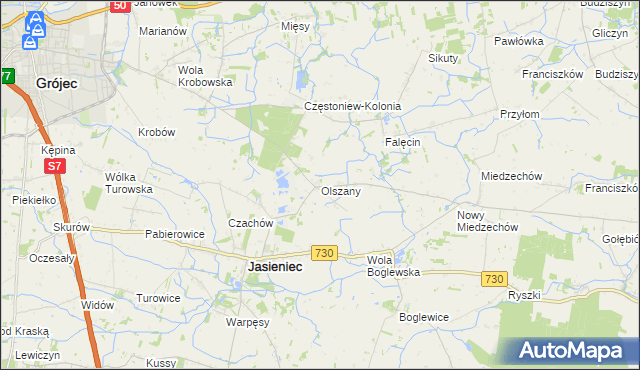 mapa Olszany gmina Jasieniec, Olszany gmina Jasieniec na mapie Targeo