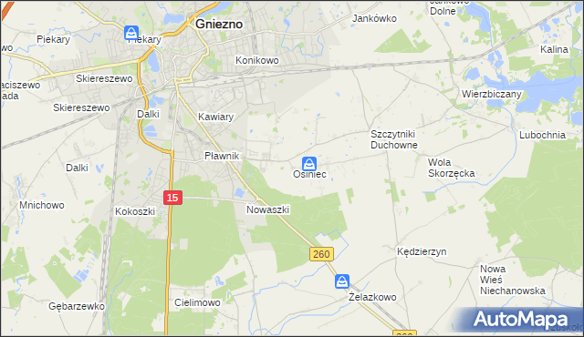 mapa Osiniec gmina Gniezno, Osiniec gmina Gniezno na mapie Targeo