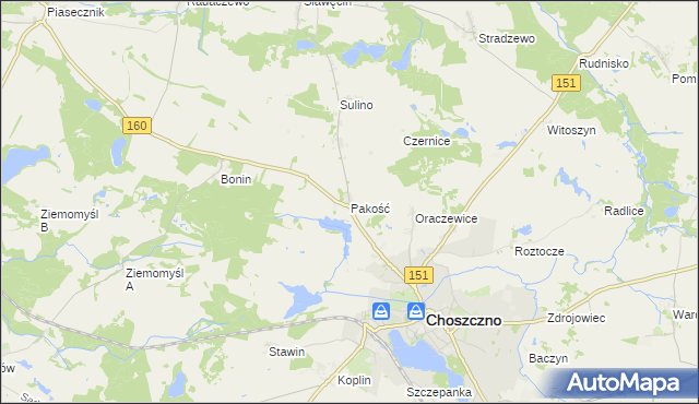 mapa Pakość gmina Choszczno, Pakość gmina Choszczno na mapie Targeo