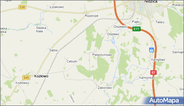 mapa Pielgrzymowo gmina Kozłowo, Pielgrzymowo gmina Kozłowo na mapie Targeo