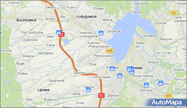 mapa Pietrzykowice gmina Łodygowice, Pietrzykowice gmina Łodygowice na mapie Targeo