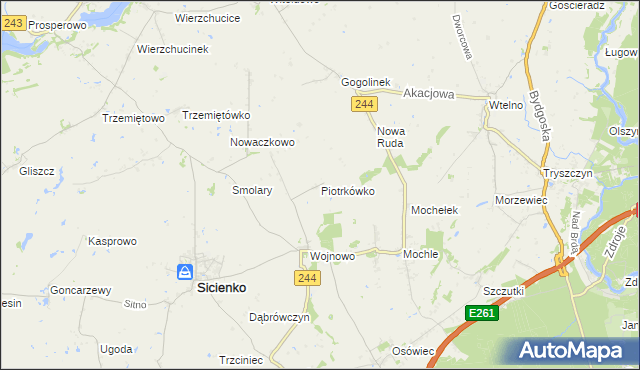 mapa Piotrkówko gmina Sicienko, Piotrkówko gmina Sicienko na mapie Targeo
