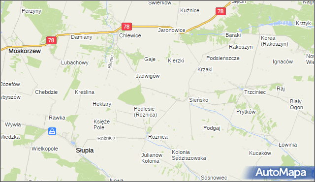 mapa Pod Lasem gmina Słupia, Pod Lasem gmina Słupia na mapie Targeo