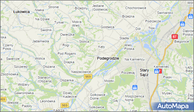 mapa Podegrodzie powiat nowosądecki, Podegrodzie powiat nowosądecki na mapie Targeo