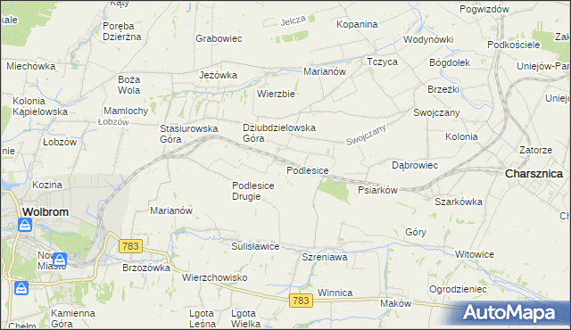 mapa Podlesice gmina Charsznica, Podlesice gmina Charsznica na mapie Targeo