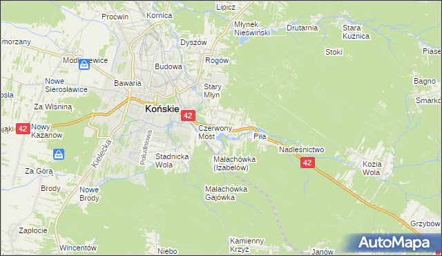 mapa Pomyków gmina Końskie, Pomyków gmina Końskie na mapie Targeo