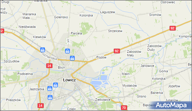 mapa Popów gmina Łowicz, Popów gmina Łowicz na mapie Targeo