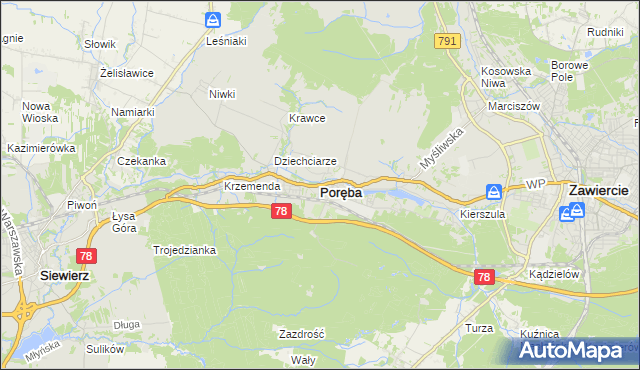 mapa Poręba powiat zawierciański, Poręba powiat zawierciański na mapie Targeo