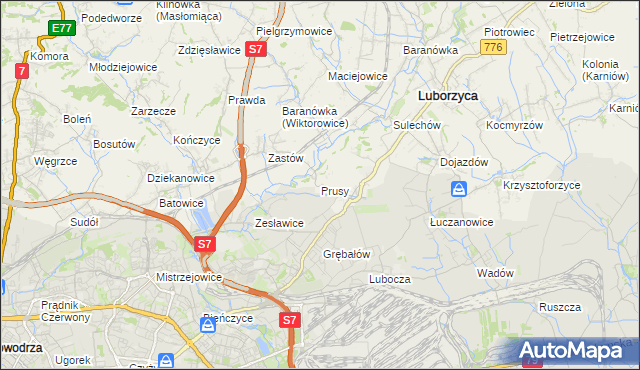 mapa Prusy gmina Kocmyrzów-Luborzyca, Prusy gmina Kocmyrzów-Luborzyca na mapie Targeo