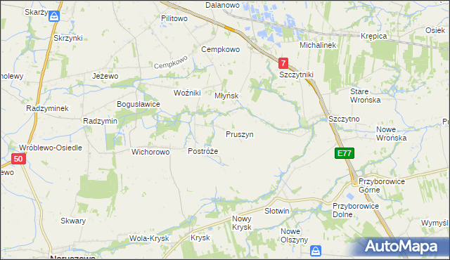 mapa Pruszyn gmina Płońsk, Pruszyn gmina Płońsk na mapie Targeo