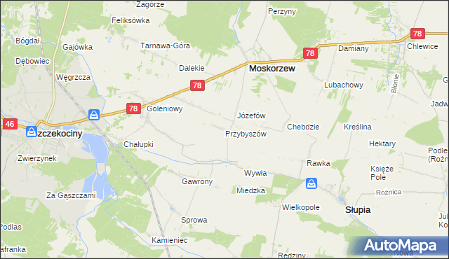 mapa Przybyszów gmina Moskorzew, Przybyszów gmina Moskorzew na mapie Targeo