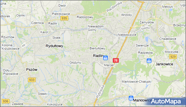 mapa Radlin powiat wodzisławski, Radlin powiat wodzisławski na mapie Targeo