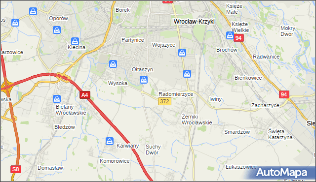 mapa Radomierzyce gmina Siechnice, Radomierzyce gmina Siechnice na mapie Targeo