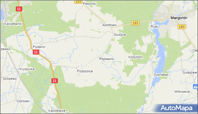 mapa Radwanki gmina Margonin, Radwanki gmina Margonin na mapie Targeo