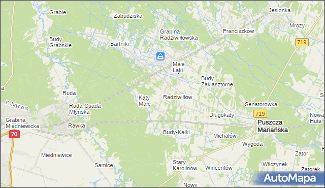 mapa Radziwiłłów gmina Puszcza Mariańska, Radziwiłłów gmina Puszcza Mariańska na mapie Targeo