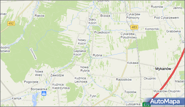 mapa Rybna gmina Mykanów, Rybna gmina Mykanów na mapie Targeo