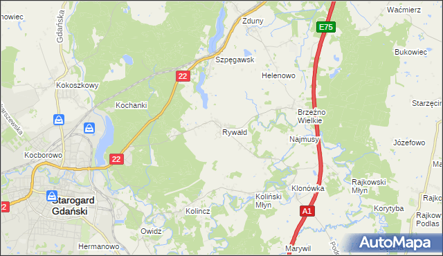 mapa Rywałd gmina Starogard Gdański, Rywałd gmina Starogard Gdański na mapie Targeo