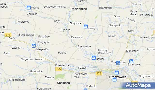 mapa Rzędowice gmina Koniusza, Rzędowice gmina Koniusza na mapie Targeo