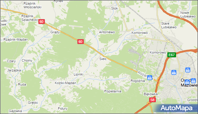 mapa Sielc gmina Ostrów Mazowiecka, Sielc gmina Ostrów Mazowiecka na mapie Targeo