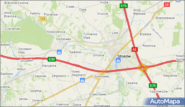 mapa Smolice gmina Stryków, Smolice gmina Stryków na mapie Targeo