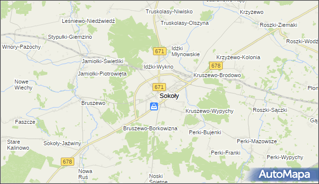 mapa Sokoły powiat wysokomazowiecki, Sokoły powiat wysokomazowiecki na mapie Targeo