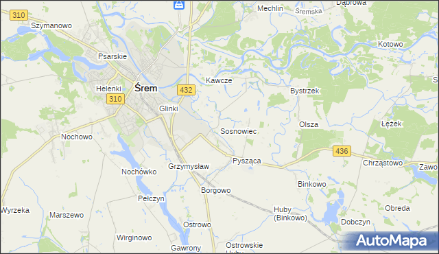 mapa Sosnowiec gmina Śrem, Sosnowiec gmina Śrem na mapie Targeo